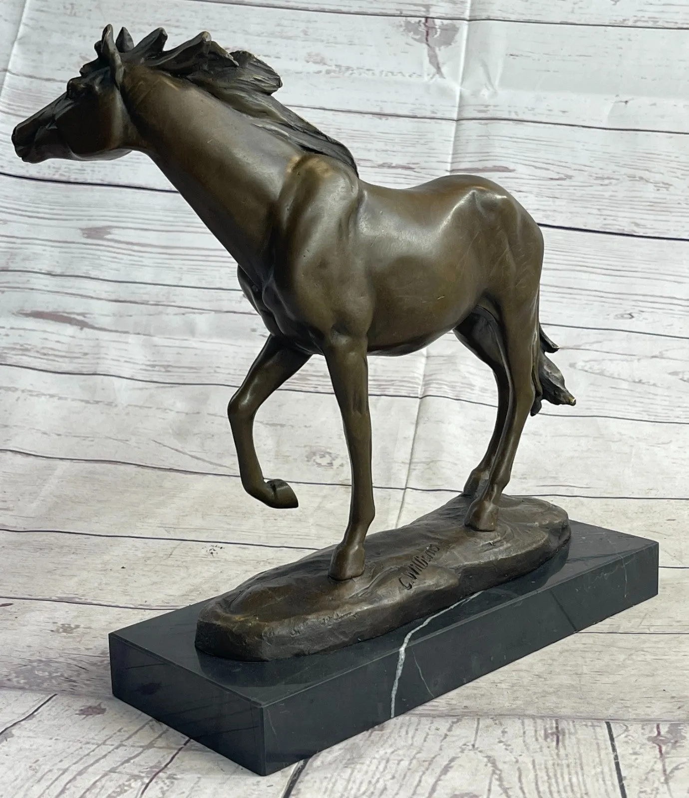 BRONZE STATUE SIGNED WILLIAMS WILD RACING STALLION HORSE SCULPTURE FIGURINE ART