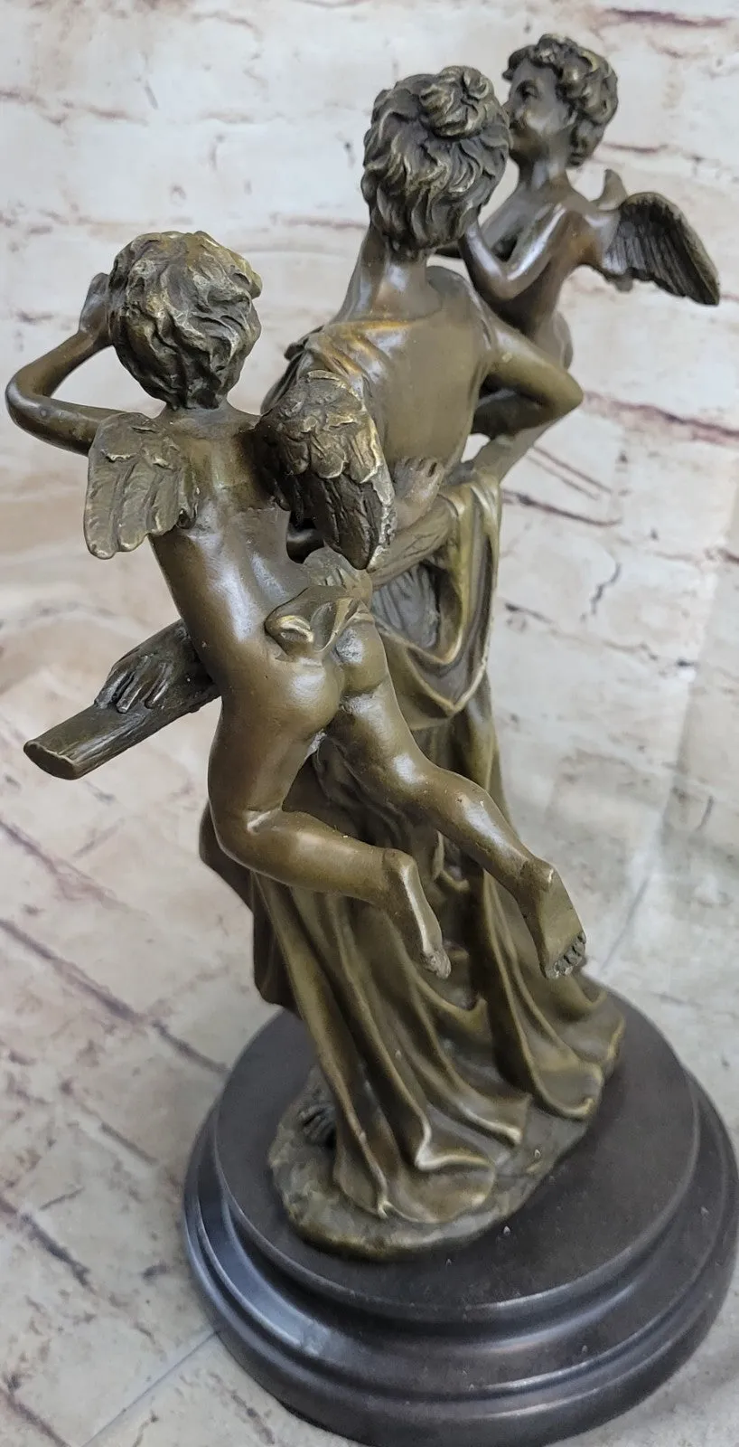 Elegant Female Nude Cherub Child Mother & Angel Bronze Marble Statue Art Decor 