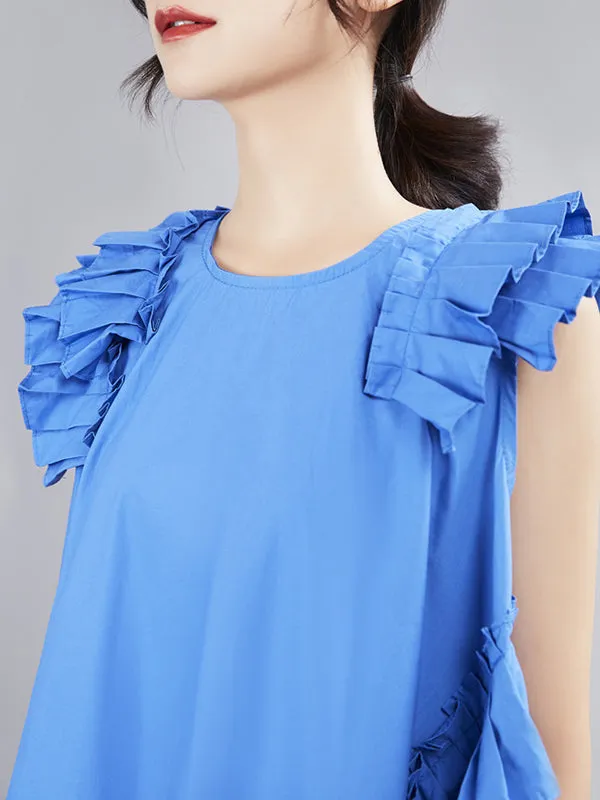 Flying Sleeves Loose Asymmetric Pleated Solid Color Split-Joint Round-Neck Midi Dresses