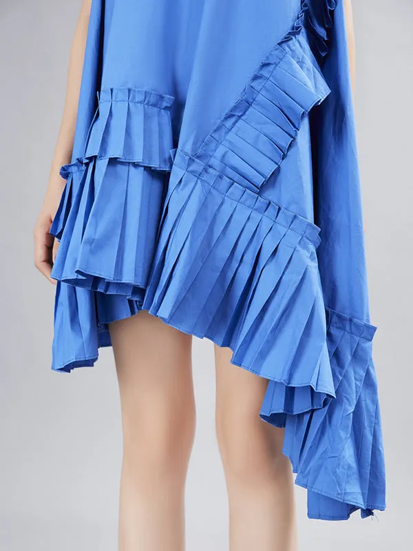 Flying Sleeves Loose Asymmetric Pleated Solid Color Split-Joint Round-Neck Midi Dresses