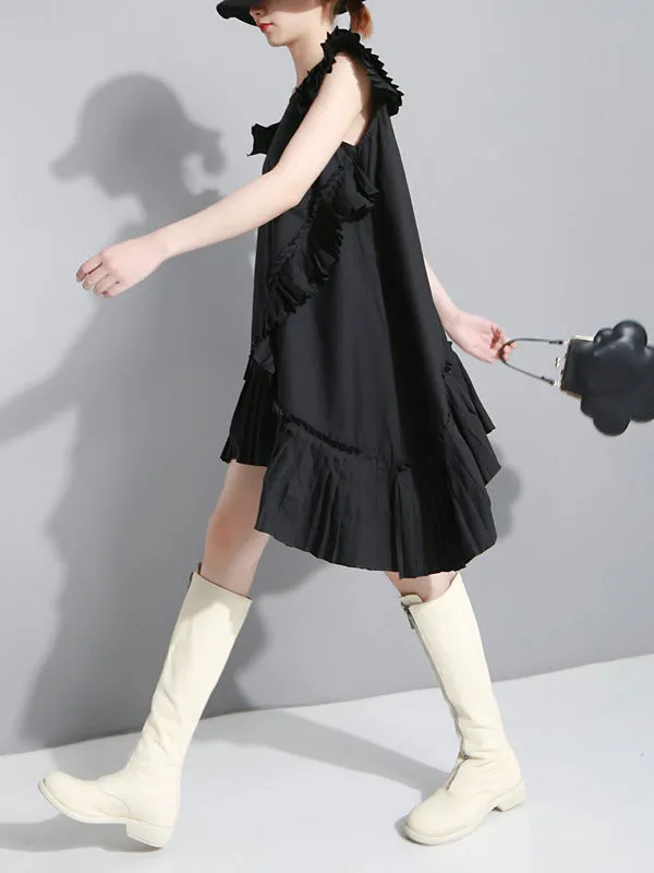 Flying Sleeves Loose Asymmetric Pleated Solid Color Split-Joint Round-Neck Midi Dresses