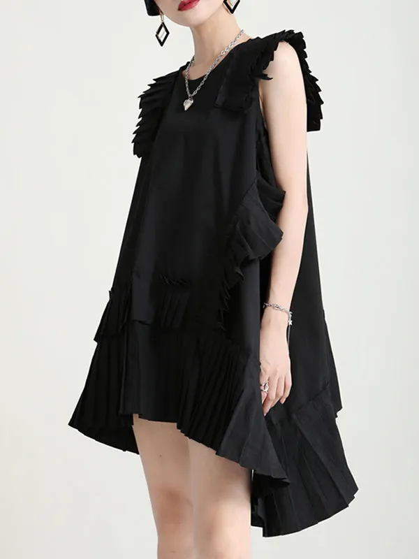 Flying Sleeves Loose Asymmetric Pleated Solid Color Split-Joint Round-Neck Midi Dresses