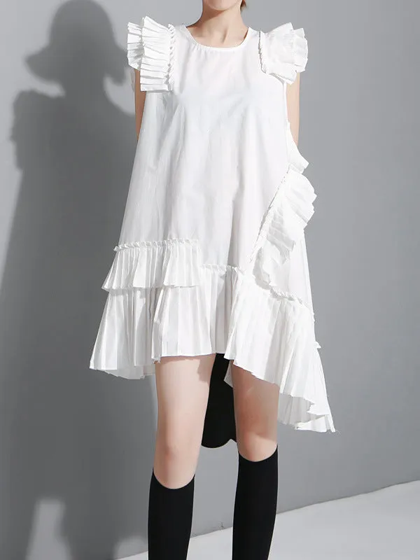 Flying Sleeves Loose Asymmetric Pleated Solid Color Split-Joint Round-Neck Midi Dresses