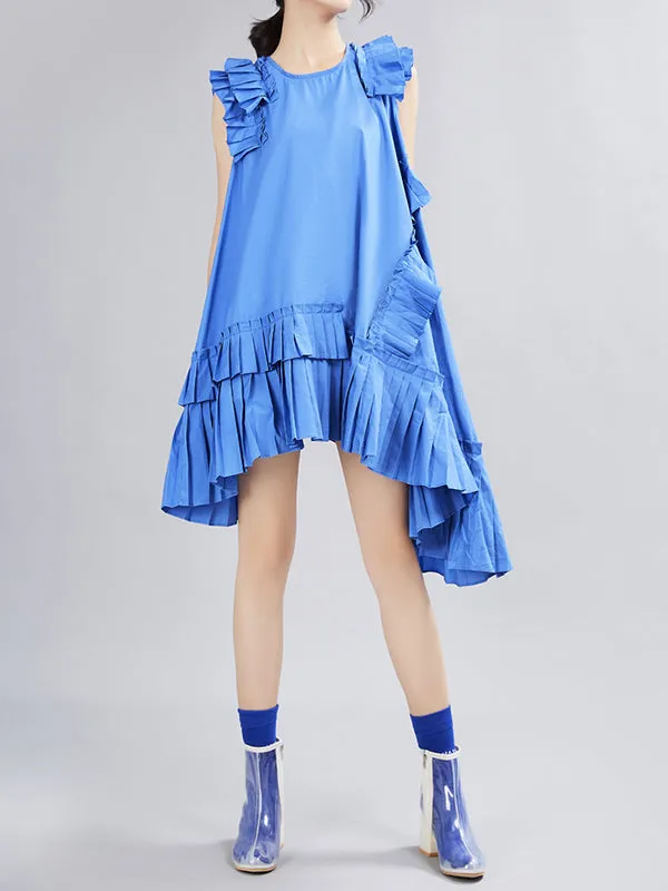 Flying Sleeves Loose Asymmetric Pleated Solid Color Split-Joint Round-Neck Midi Dresses