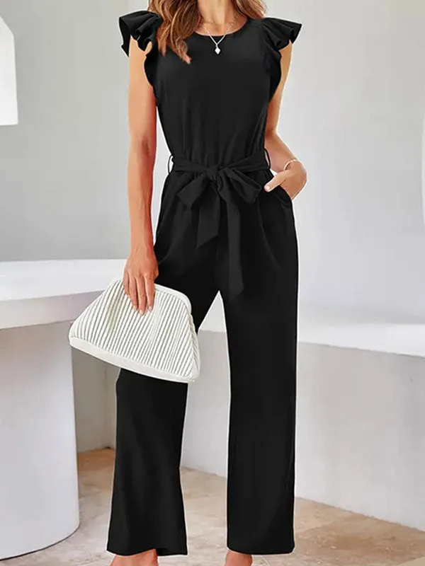 Flying Sleeves Loose Pleated Solid Color Split-Joint Tied Waist Round-Neck Jumpsuits