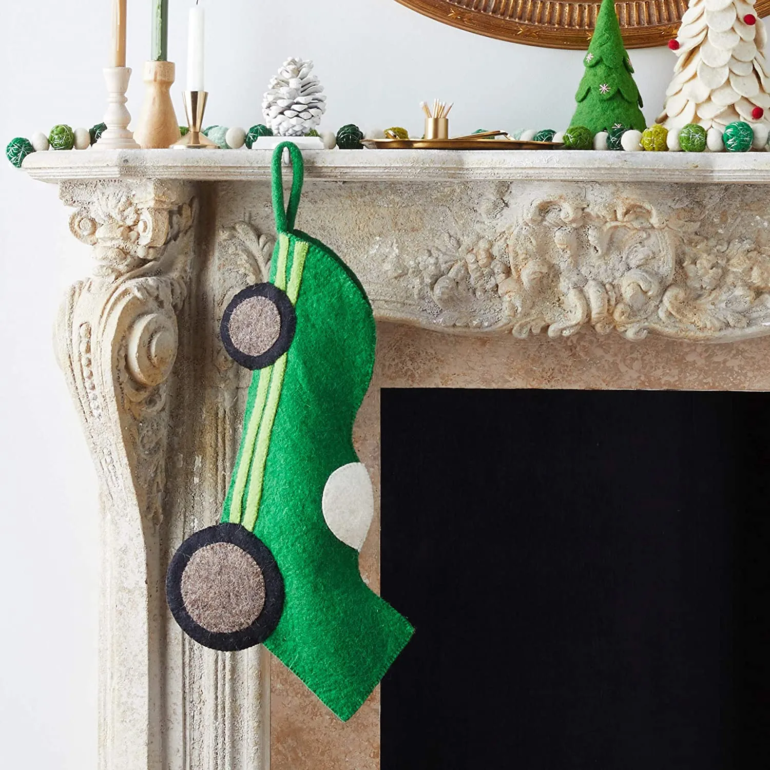 Hand Felted Wool Kids Christmas Stocking - Green Racecar