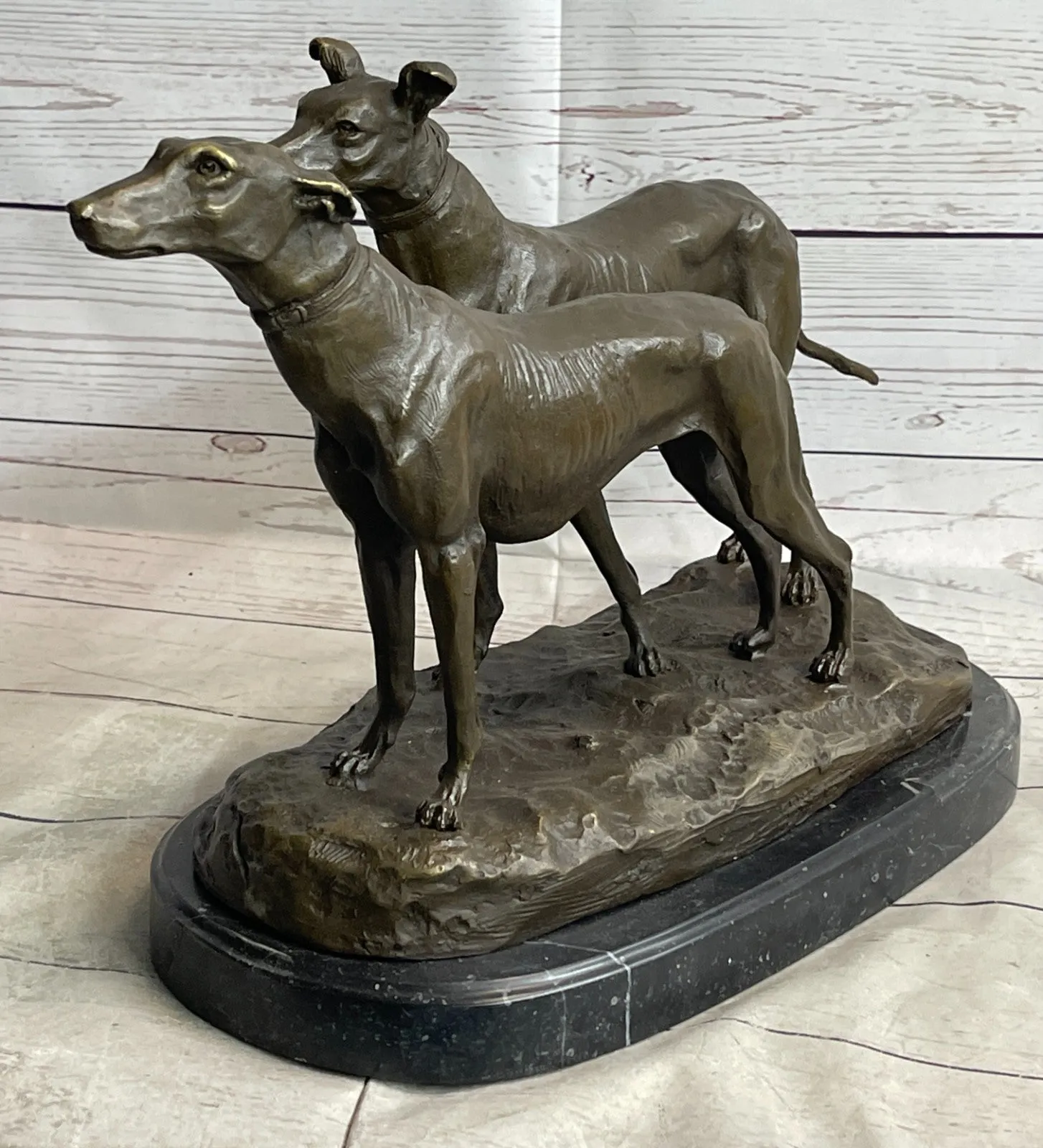 Handcrafted Detailed 2 Racing Dog Bronze Masterpiece Art Deco Figurine