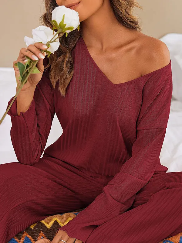 Long Sleeves Loose Solid Color V-Neck Shirt Top   Pants Bottom Pajama Sets