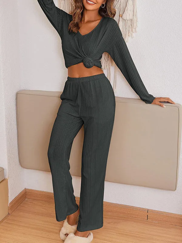 Long Sleeves Loose Solid Color V-Neck Shirt Top   Pants Bottom Pajama Sets