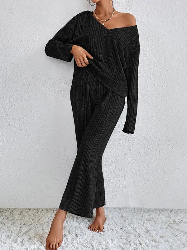 Long Sleeves Loose Solid Color V-Neck Shirt Top   Pants Bottom Pajama Sets