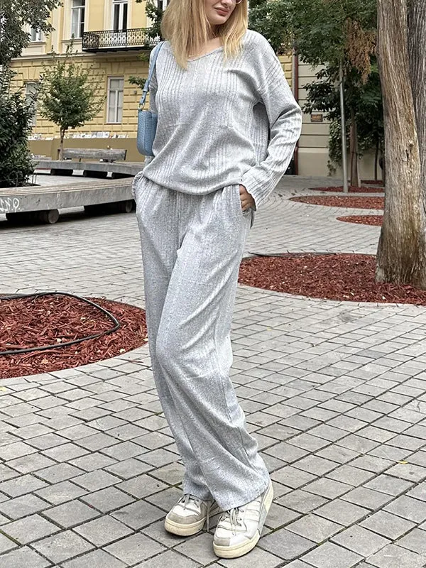 Long Sleeves Loose Solid Color V-Neck Shirt Top   Pants Bottom Pajama Sets