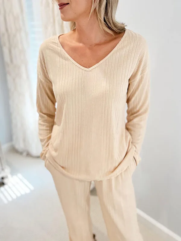 Long Sleeves Loose Solid Color V-Neck Shirt Top   Pants Bottom Pajama Sets