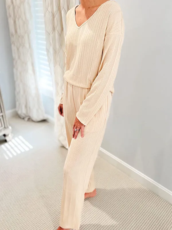 Long Sleeves Loose Solid Color V-Neck Shirt Top   Pants Bottom Pajama Sets