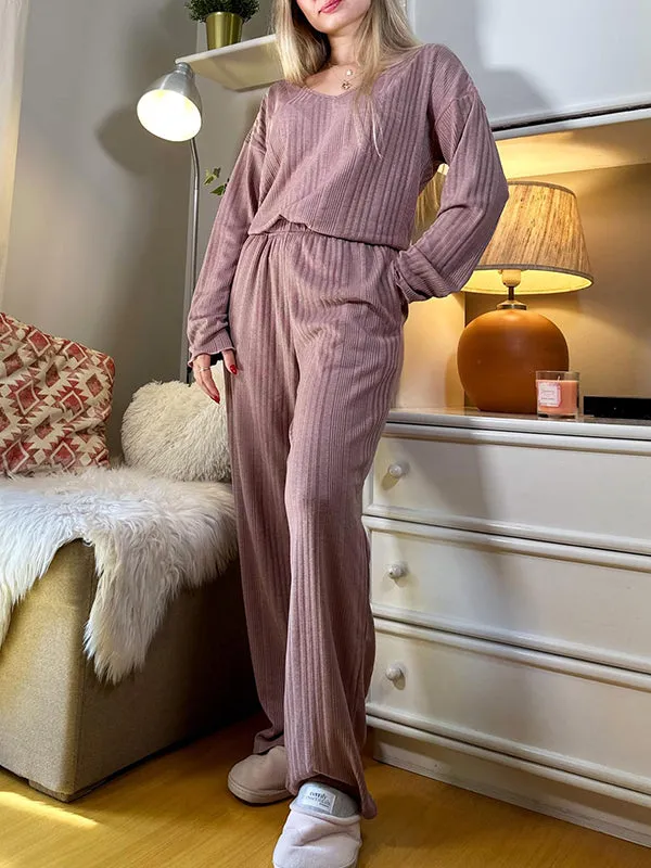 Long Sleeves Loose Solid Color V-Neck Shirt Top   Pants Bottom Pajama Sets