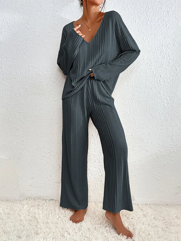 Long Sleeves Loose Solid Color V-Neck Shirt Top   Pants Bottom Pajama Sets