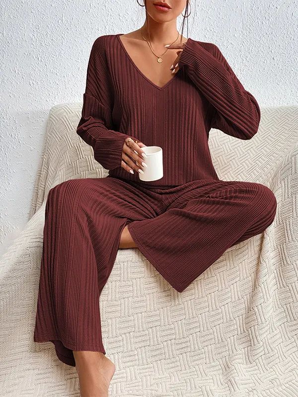 Long Sleeves Loose Solid Color V-Neck Shirt Top   Pants Bottom Pajama Sets