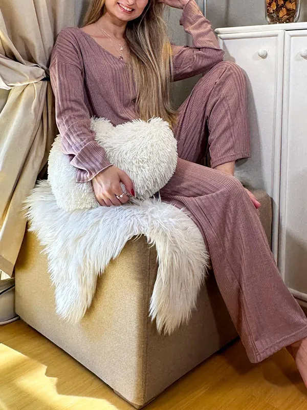 Long Sleeves Loose Solid Color V-Neck Shirt Top   Pants Bottom Pajama Sets