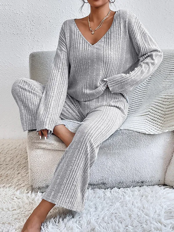 Long Sleeves Loose Solid Color V-Neck Shirt Top   Pants Bottom Pajama Sets