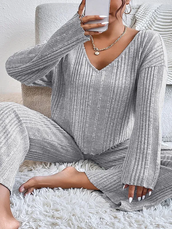 Long Sleeves Loose Solid Color V-Neck Shirt Top   Pants Bottom Pajama Sets