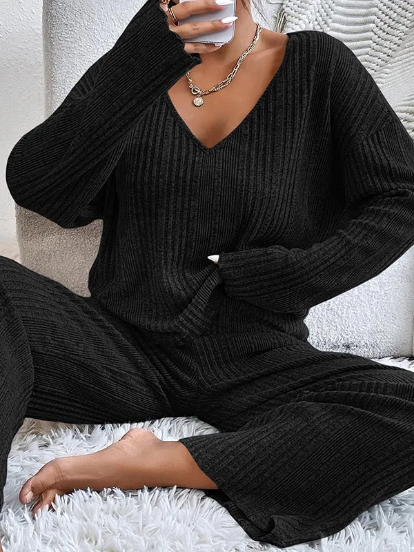 Long Sleeves Loose Solid Color V-Neck Shirt Top   Pants Bottom Pajama Sets