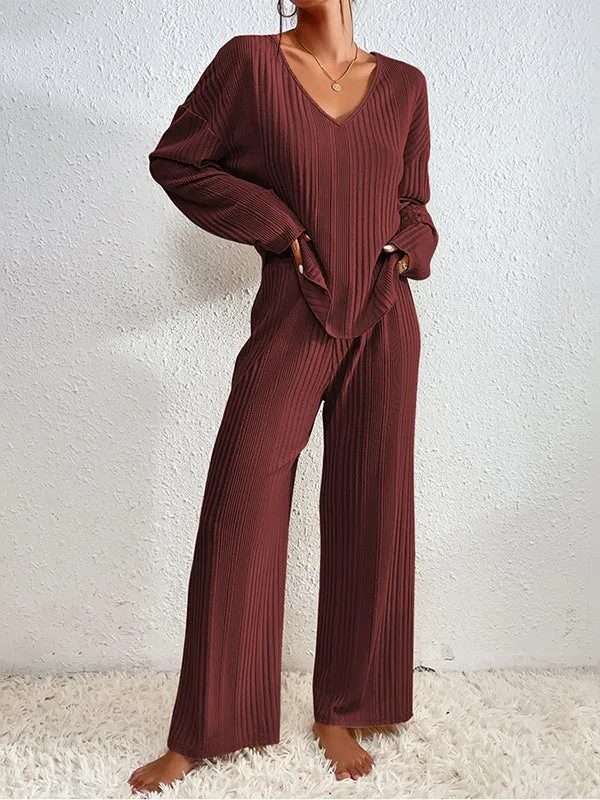 Long Sleeves Loose Solid Color V-Neck Shirt Top   Pants Bottom Pajama Sets