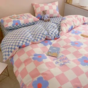 Pink / Blue Checker Bunny Kawaii Duvet Cover Set