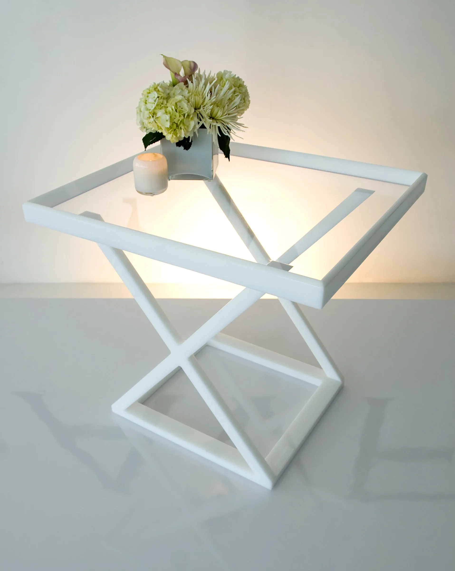 Revolver Occasional Table in White with Clear Tabletop