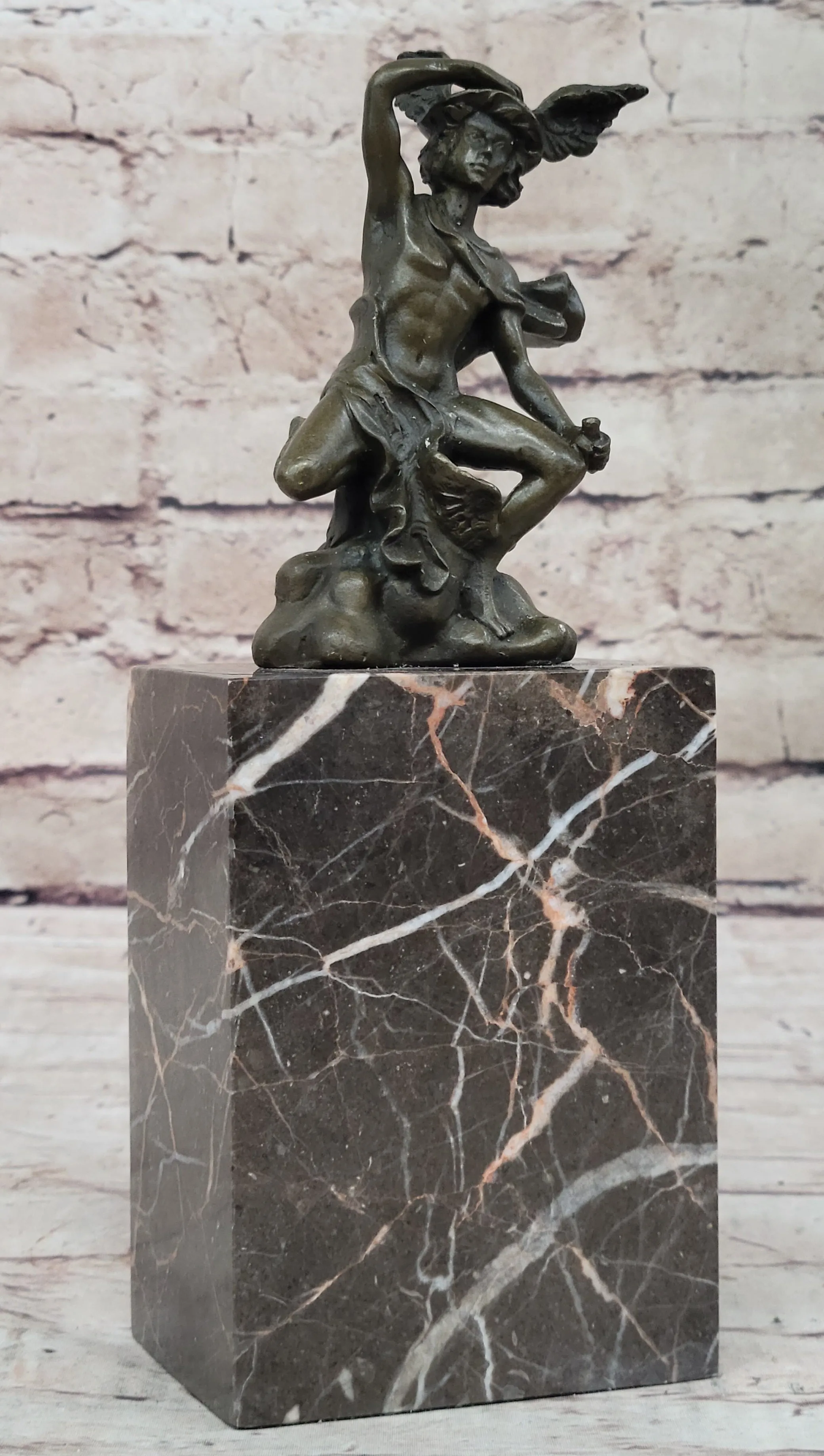 Signed BRONZE STATUE OF FLYING MERCURY SCULPTURE MARBLE FIGURINE BOOKEND