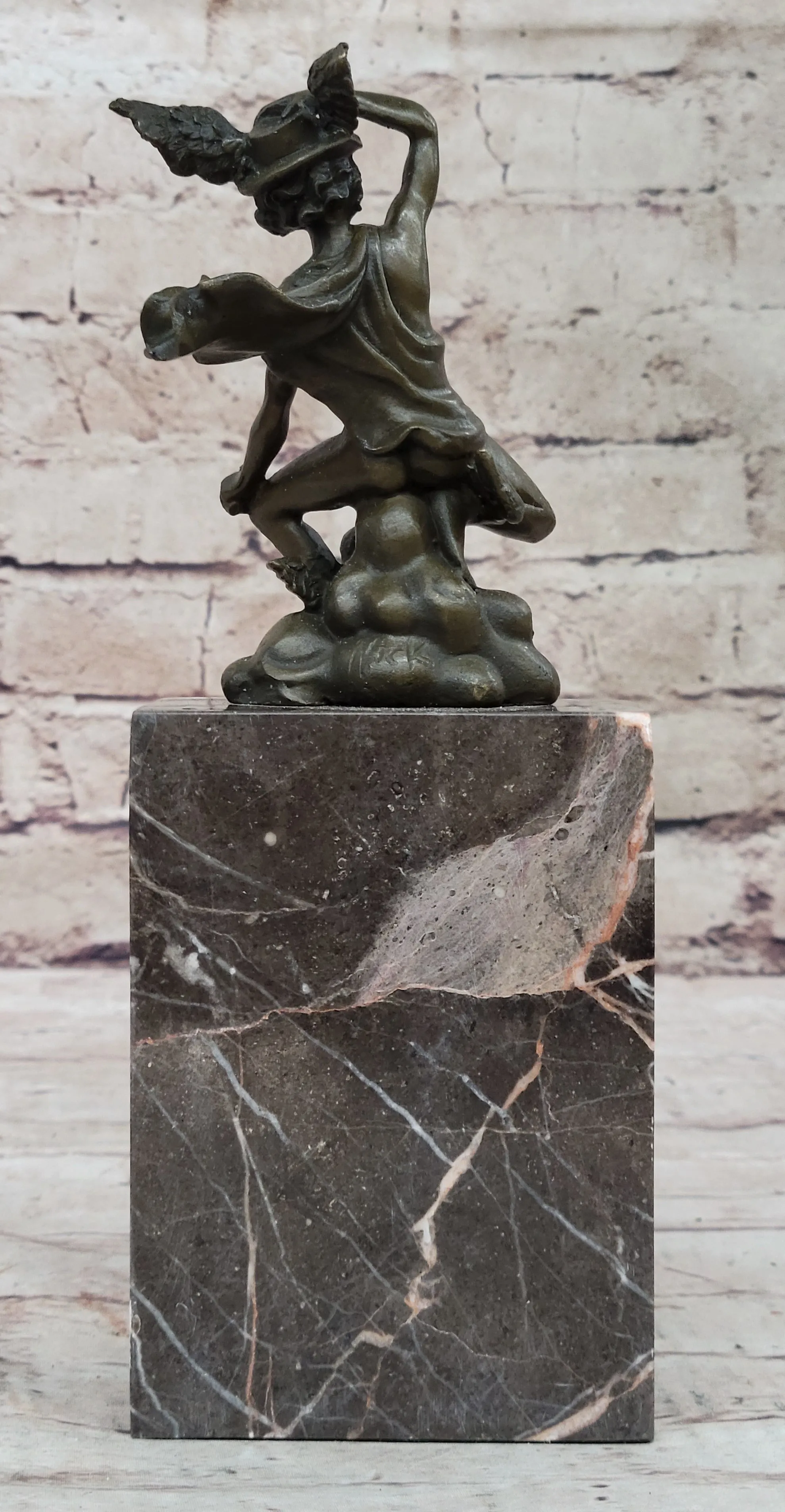 Signed BRONZE STATUE OF FLYING MERCURY SCULPTURE MARBLE FIGURINE BOOKEND