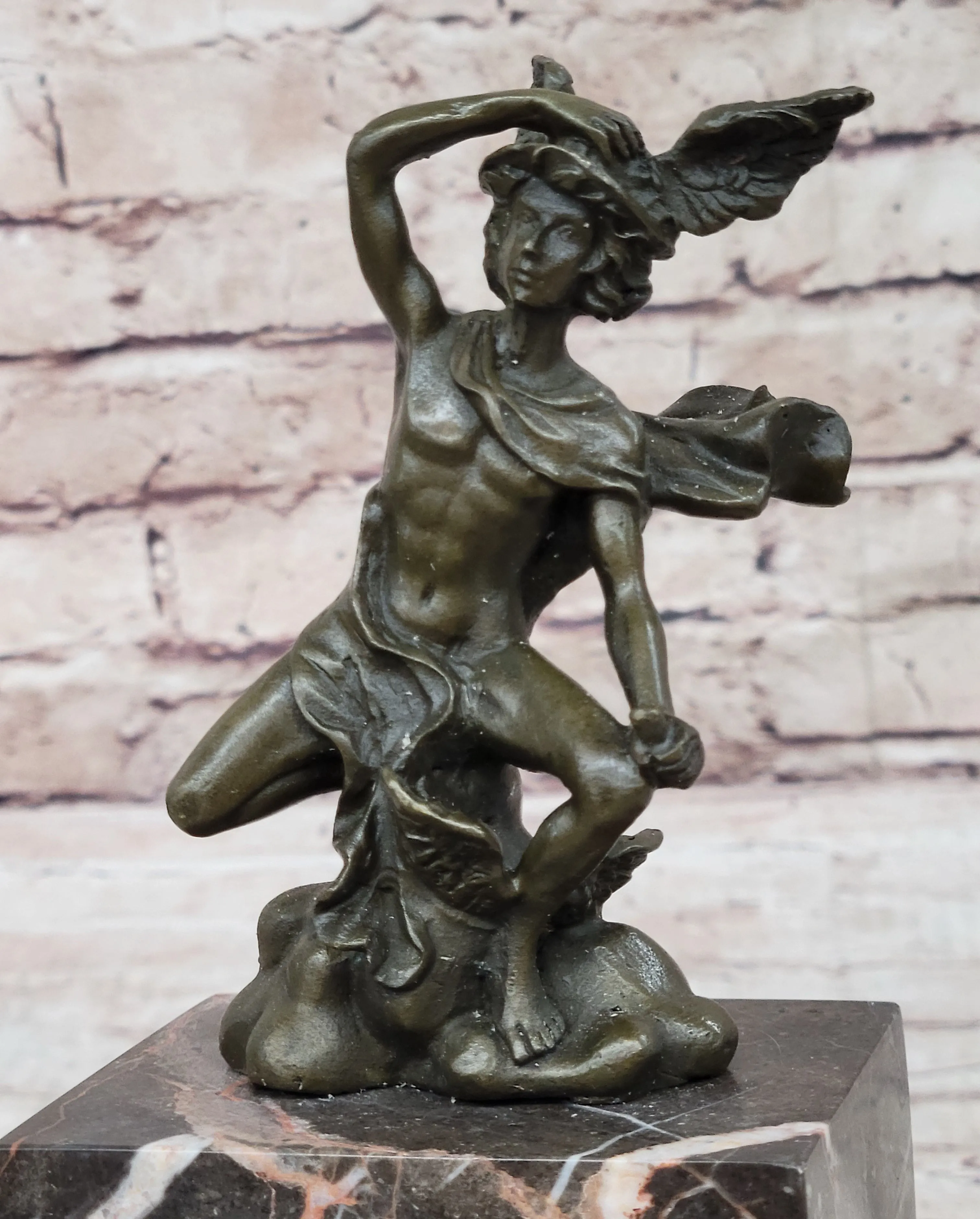 Signed BRONZE STATUE OF FLYING MERCURY SCULPTURE MARBLE FIGURINE BOOKEND