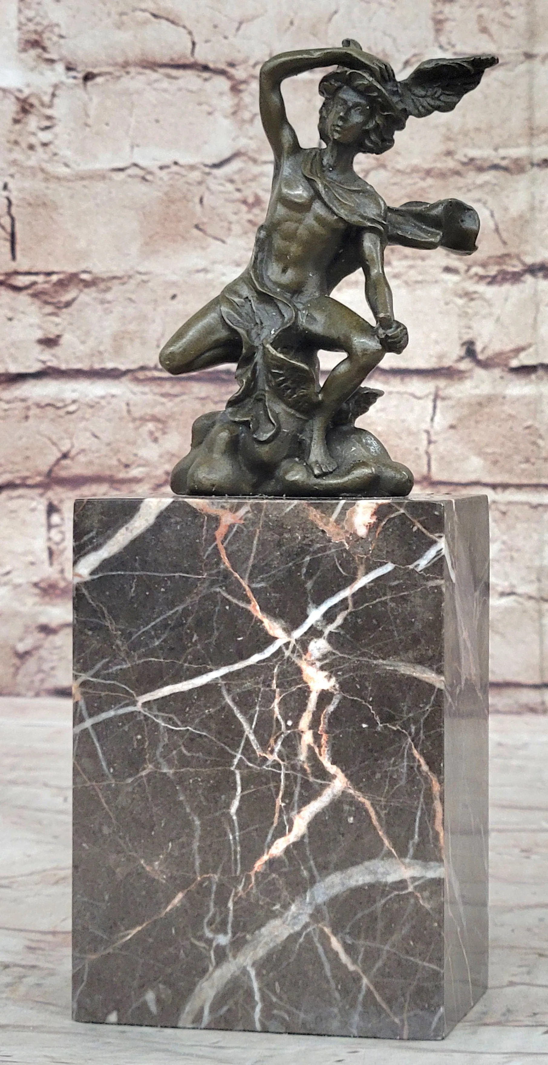 Signed BRONZE STATUE OF FLYING MERCURY SCULPTURE MARBLE FIGURINE BOOKEND