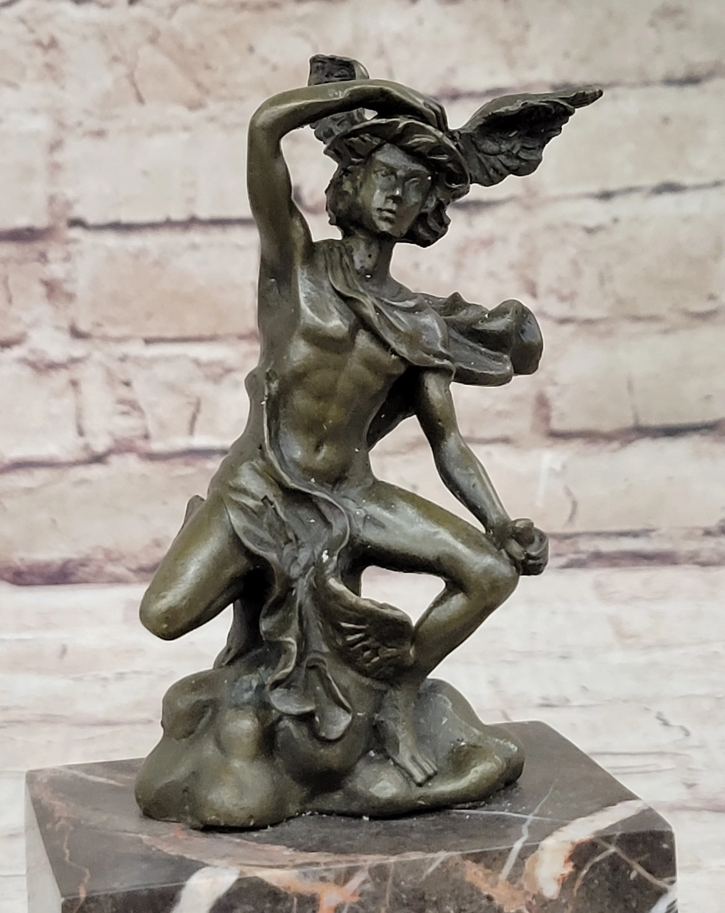 Signed BRONZE STATUE OF FLYING MERCURY SCULPTURE MARBLE FIGURINE BOOKEND