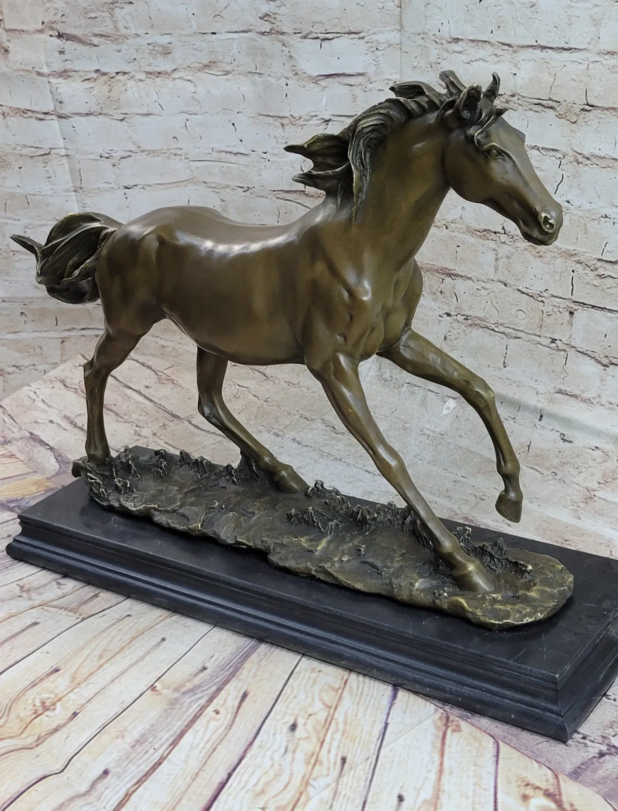 SIGNED: MENE, WILD RACING STALLION HORSE BRONZE SCULPTURE RUNNING HORSE FIGURE