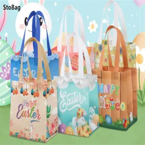 StoBag Easter Laminated Non Woven Tote Bags Easter Egg Hunting Party Reusable Eco-friendly Gift Wrapping Suppliy Wholesale 12pcs