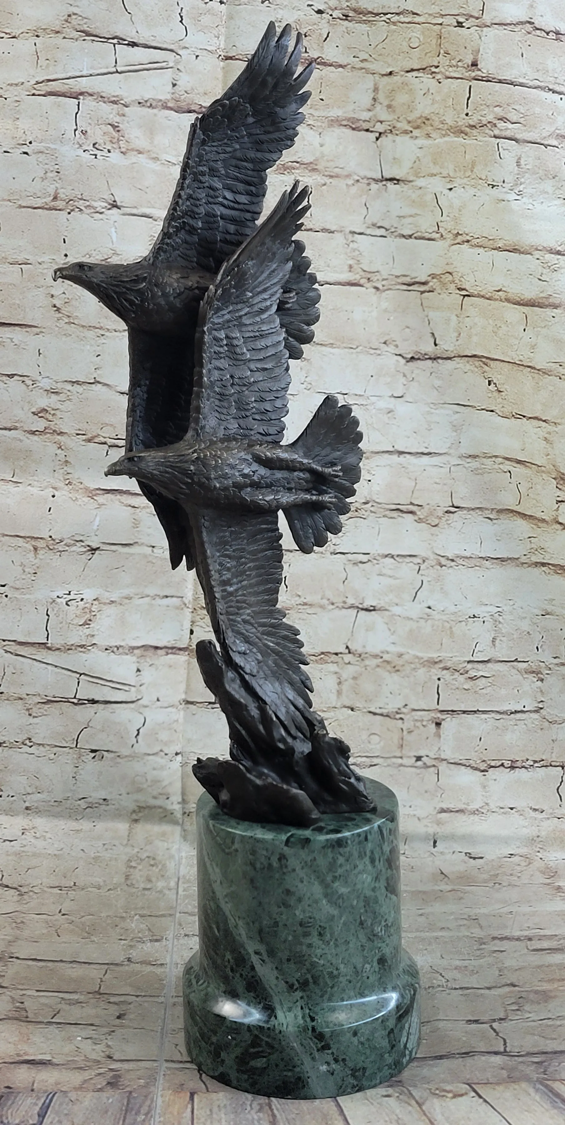 Very Large Original Two Flying Eagle Bronze Sculpture Statue Marble Figurine Art