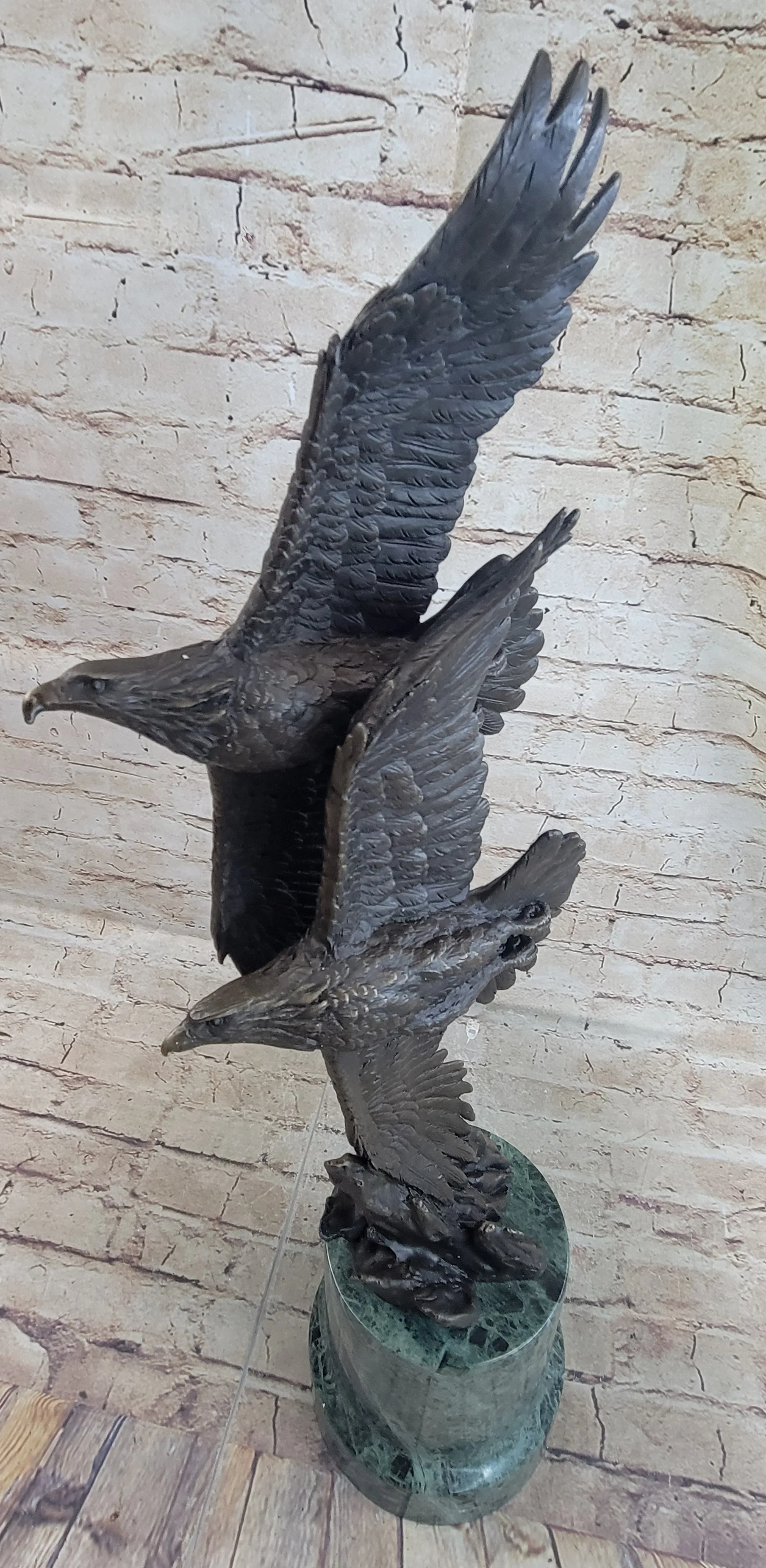 Very Large Original Two Flying Eagle Bronze Sculpture Statue Marble Figurine Art