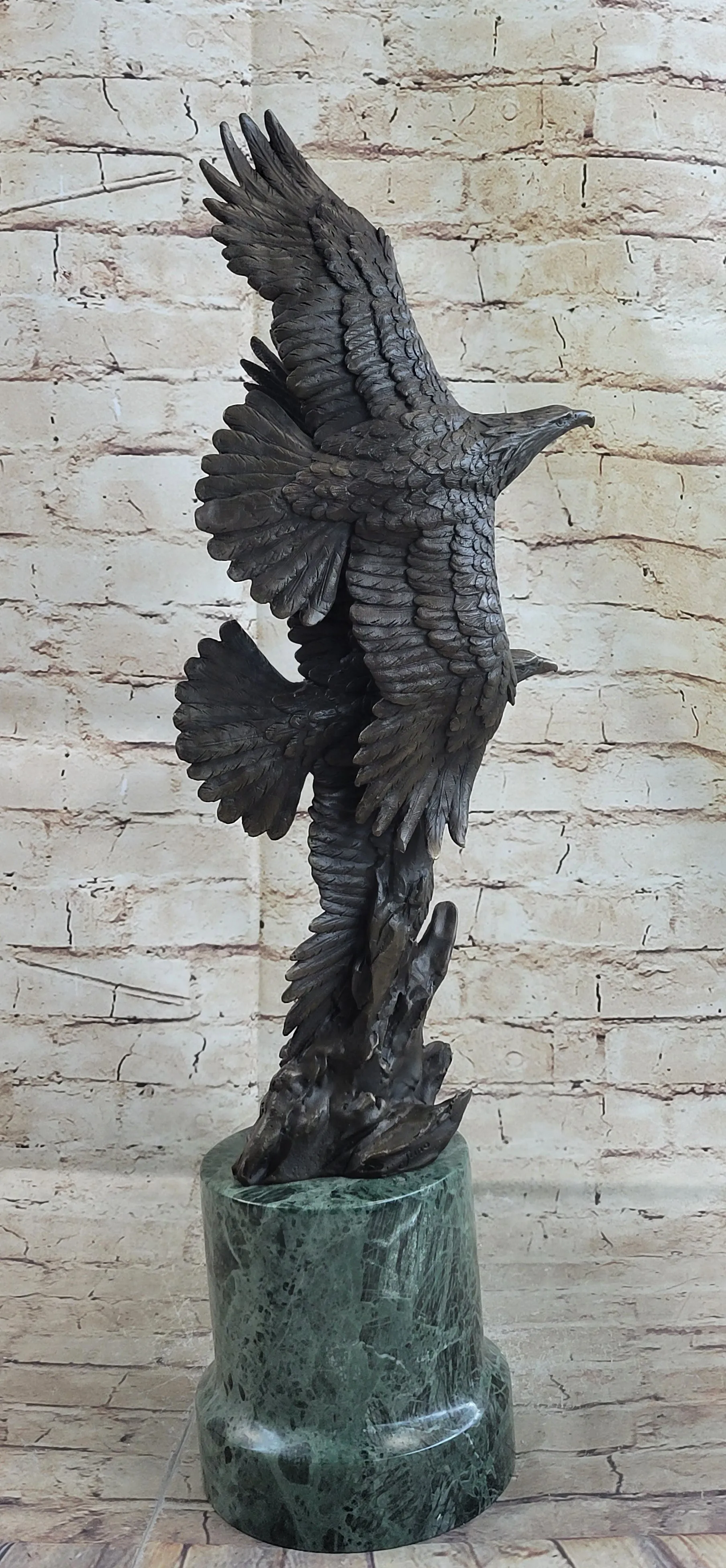 Very Large Original Two Flying Eagle Bronze Sculpture Statue Marble Figurine Art