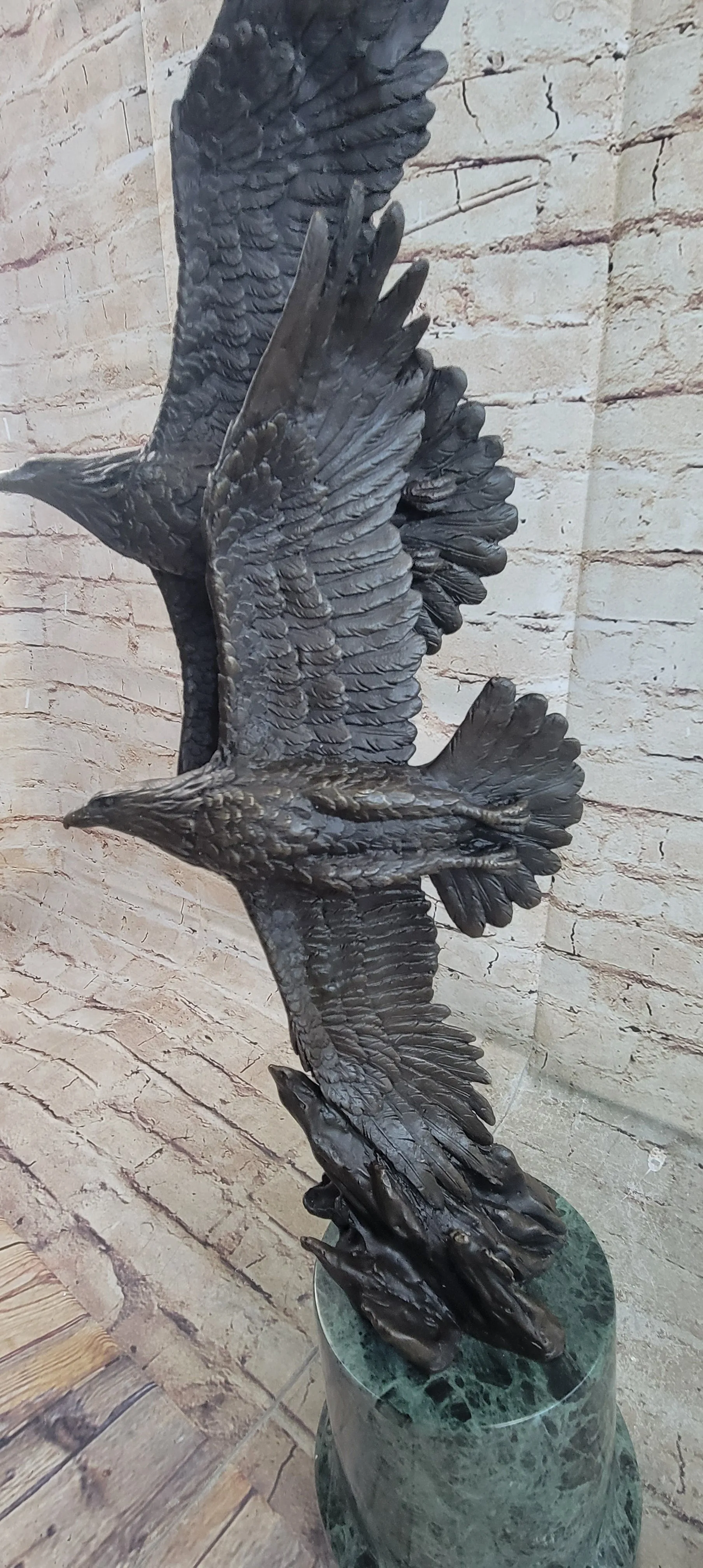 Very Large Original Two Flying Eagle Bronze Sculpture Statue Marble Figurine Art